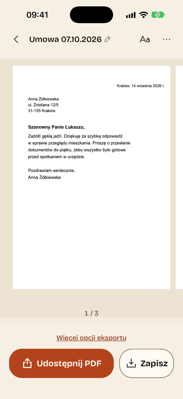 Gotowy skan umowy z przyciskiem Udostępnij PDF