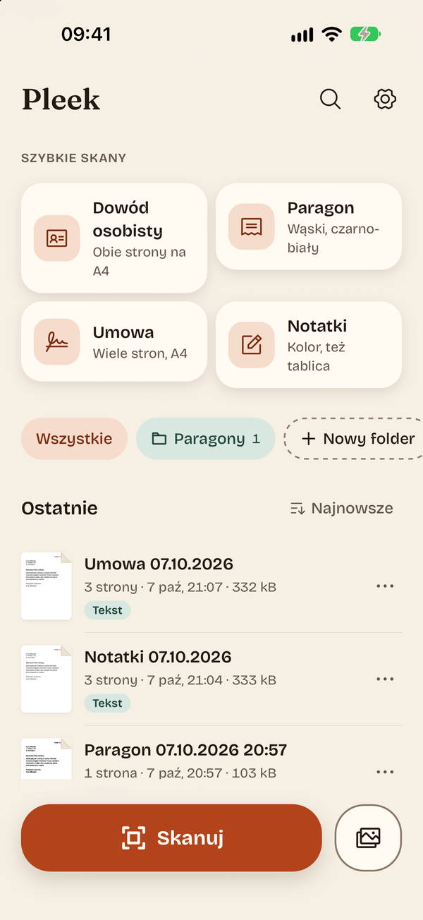 Biblioteka dokumentów z folderami i szybkimi skanami
