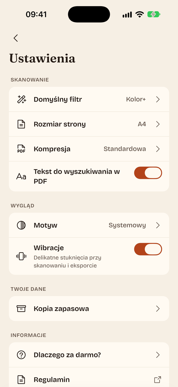 Ustawienia: filtr, rozmiar strony, kompresja PDF